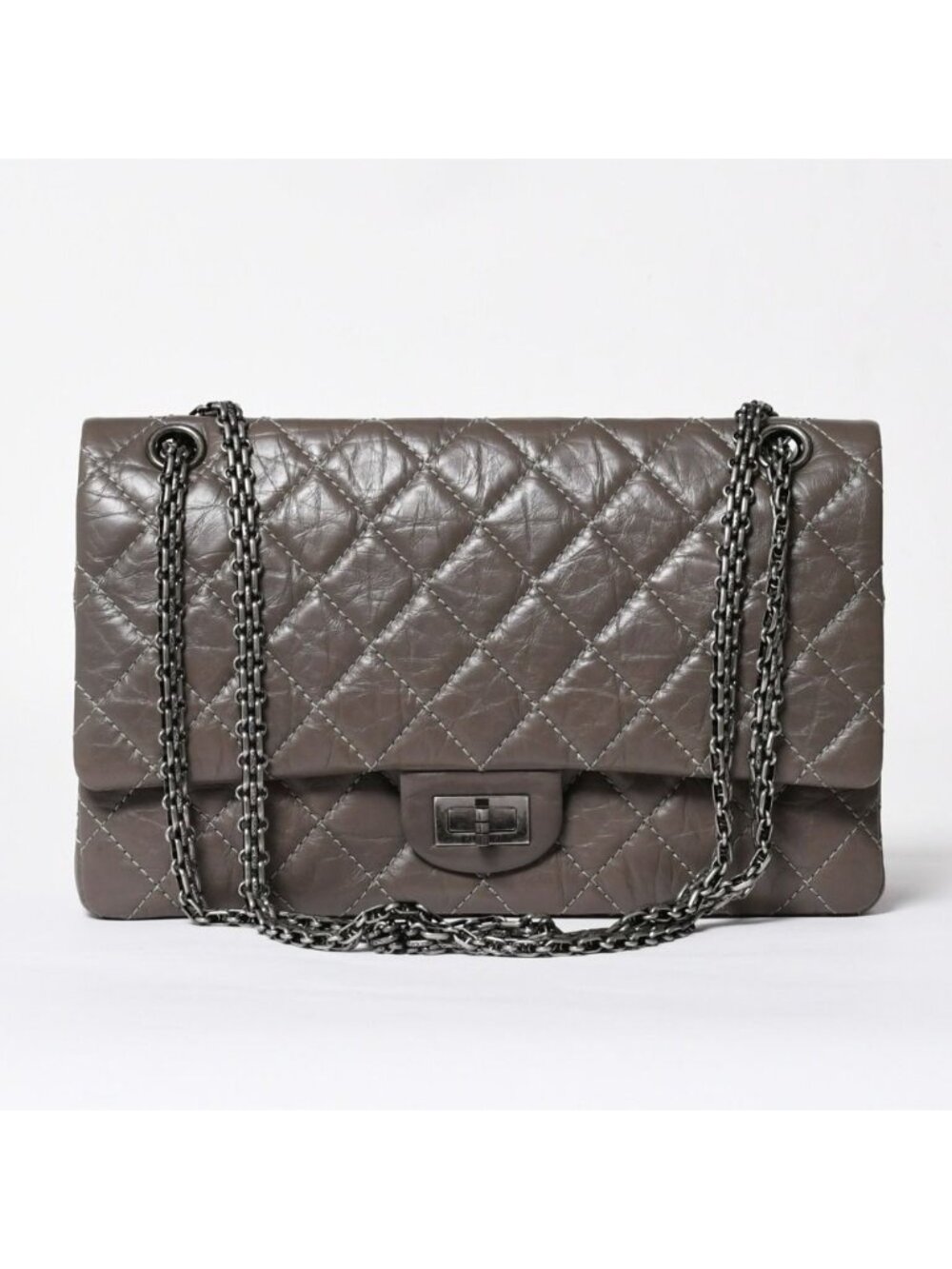 Chanel 2.55 Double Flap Chain Shoulder Bag CC Logo Aged Calfskin Greige